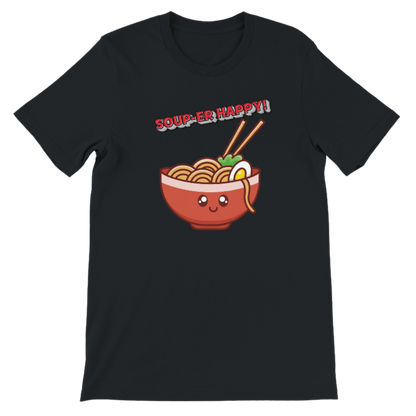Black t-shirt with a cartoon bowl of ramen and 'SOUP-ER HAPPY!' text on a black background