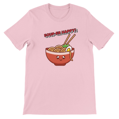 Pink t-shirt with a cartoon bowl of ramen and 'Soup-er Happy!' text on a pink background