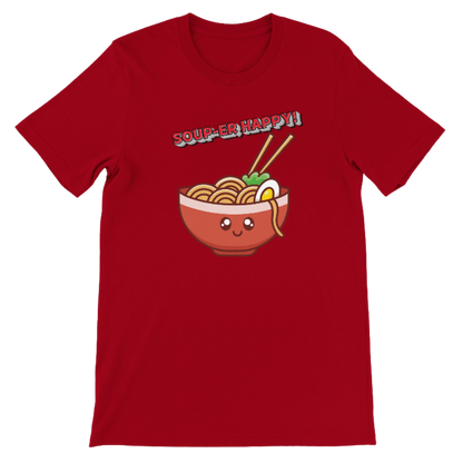 Red t-shirt with a cartoon bowl of ramen and 'Soup-er Happy!' text on a red background