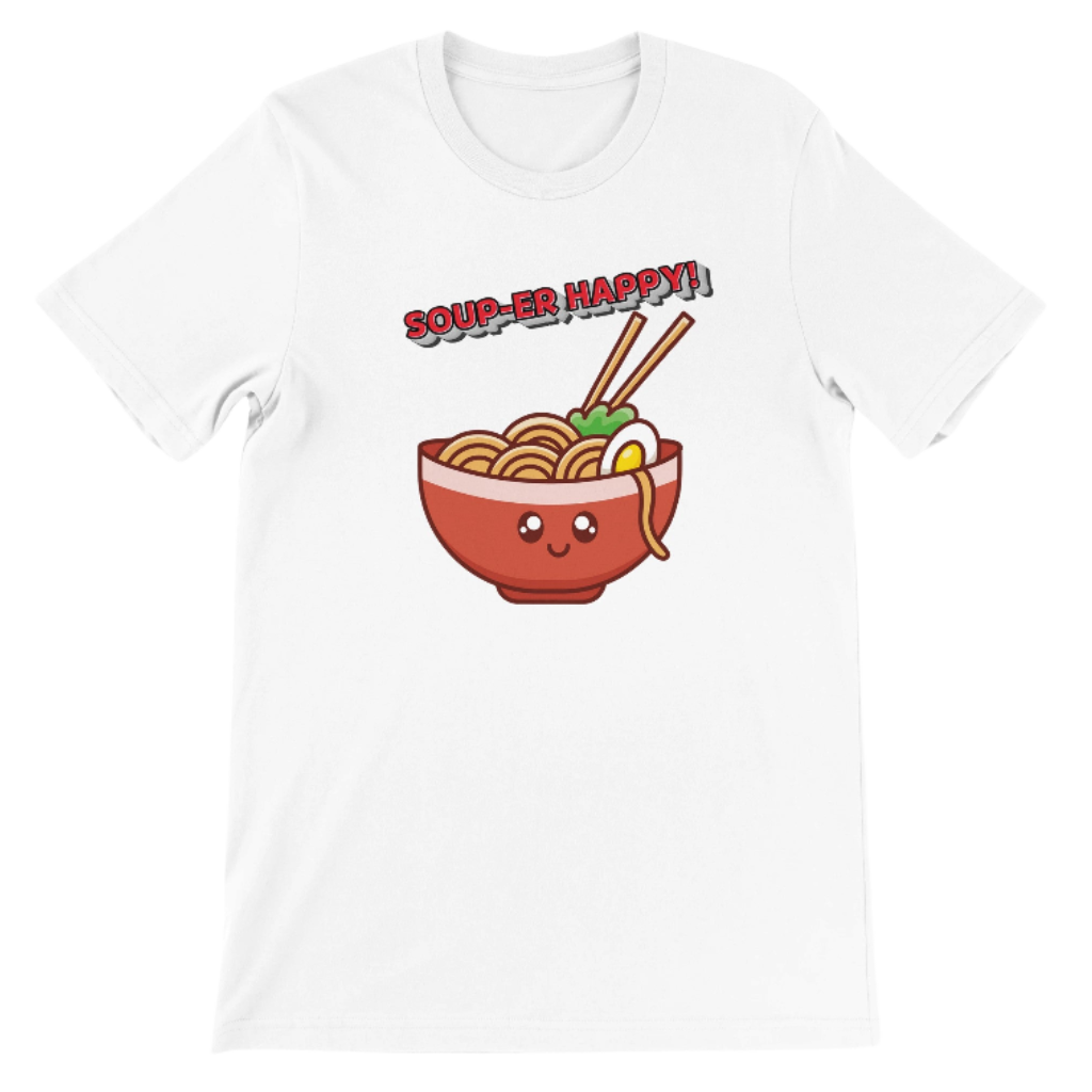 White t-shirt with a cartoon ramen bowl and chopsticks graphic on a white background