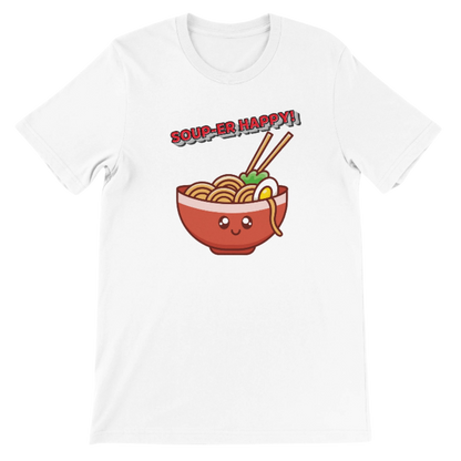 White t-shirt with a cartoon ramen bowl and chopsticks graphic on a white background