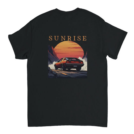 Black T-shirt with red car and sunrise illustration and SUNRISE text