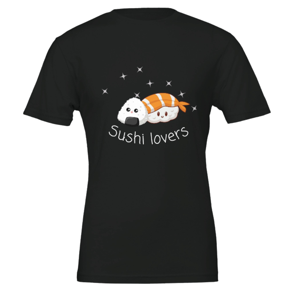 Black t-shirt with cartoon sushi design and 'Sushi lovers' text on a black background