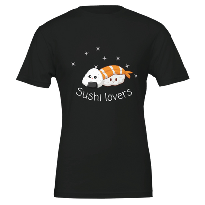 Black t-shirt with cartoon sushi design and 'Sushi lovers' text on a black background