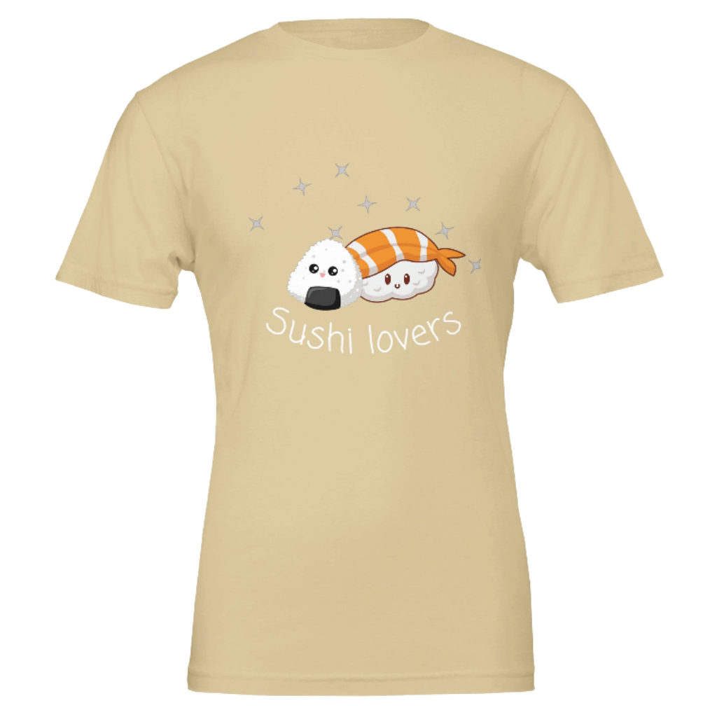 Beige t-shirt with cartoon sushi design and 'Sushi lovers' text on a white background