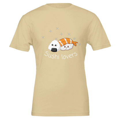 Beige t-shirt with cartoon sushi design and 'Sushi lovers' text on a white background
