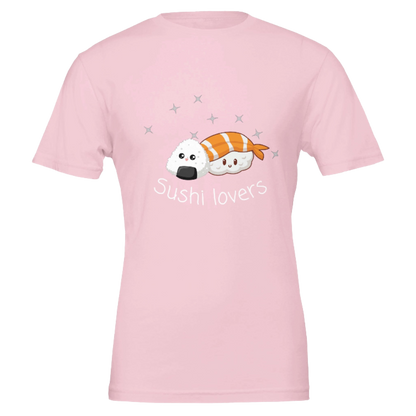 Pink t-shirt with cartoon sushi design and 'Sushi lovers' text on a pink background