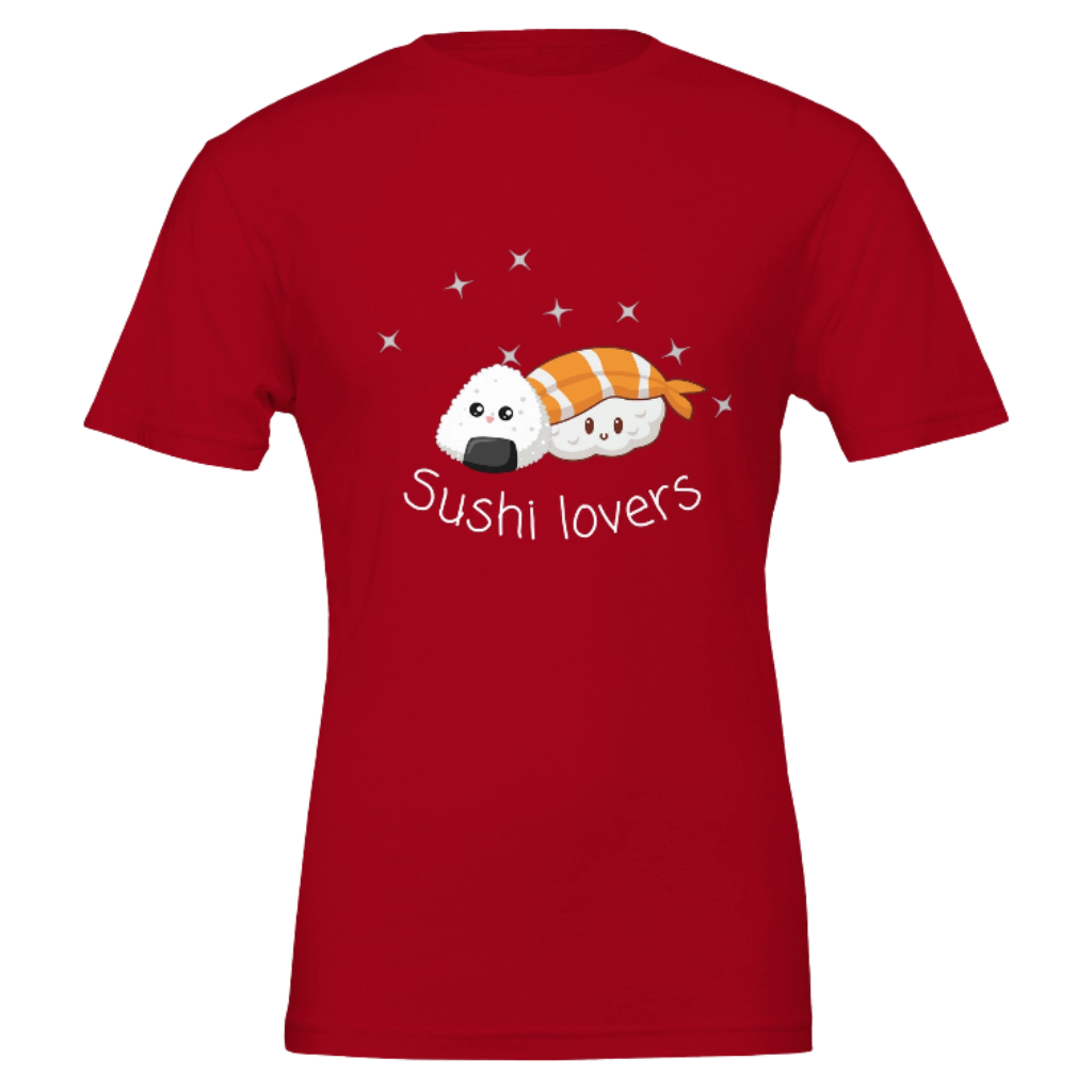 Red t-shirt with cartoon sushi design and 'Sushi lovers' text on a red background