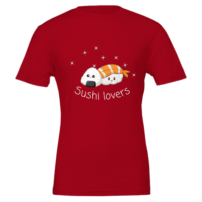 Red t-shirt with cartoon sushi design and 'Sushi lovers' text on a red background