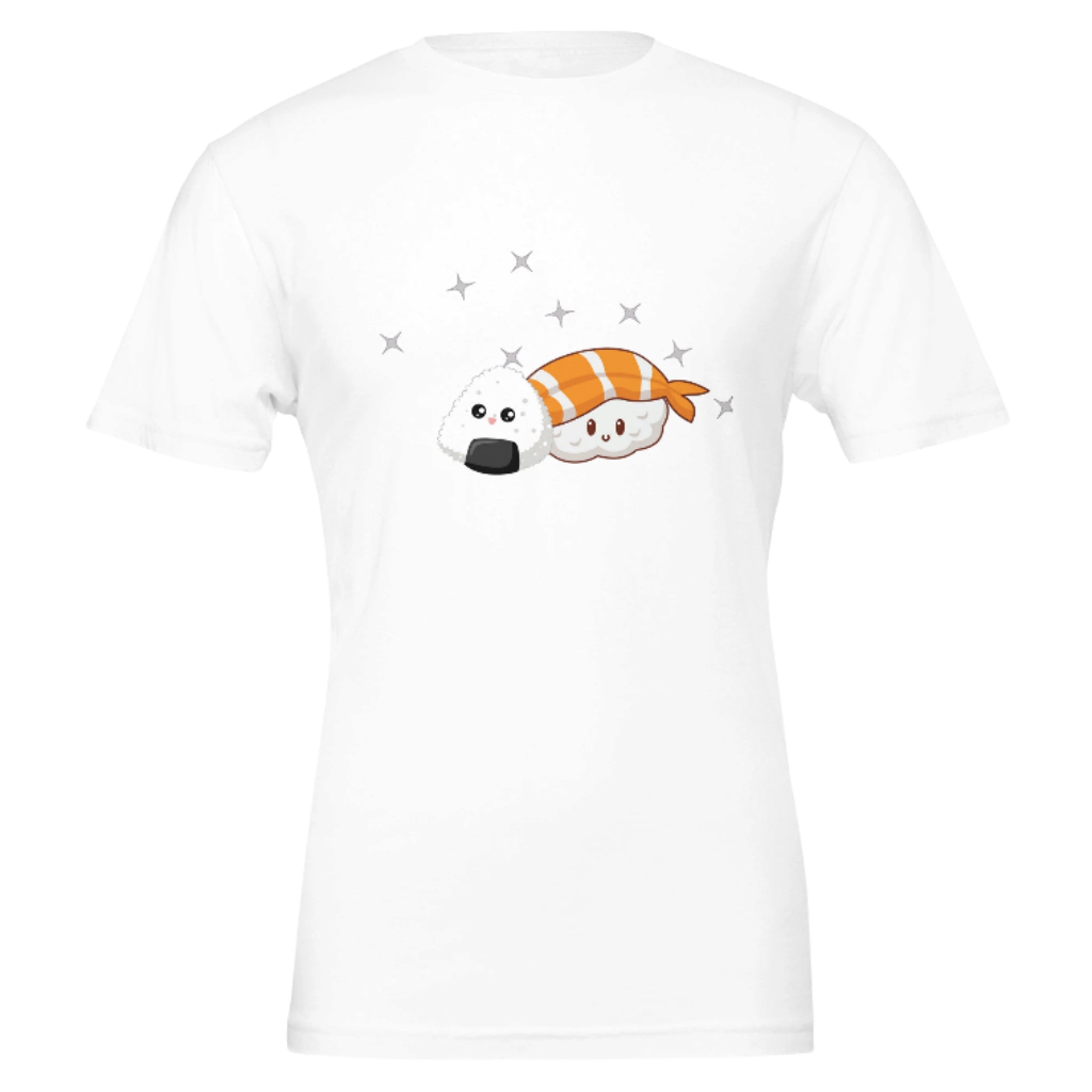 White t-shirt with a cartoon sushi character design on a white background