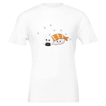 White t-shirt with a cartoon sushi character design on a white background